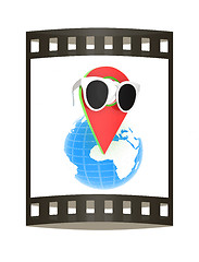 Image showing Glamour map pointer in sunglasses on Earth. 3d illustration. The