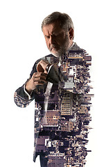 Image showing Portrait of bearded businessman. Double exposure city on the background.