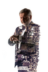 Image showing Portrait of bearded businessman. Double exposure city on the background.