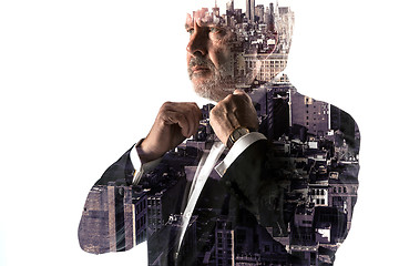 Image showing Portrait of bearded businessman. Double exposure city on the background.
