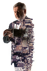 Image showing Portrait of bearded businessman. Double exposure city on the background.