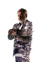 Image showing Portrait of bearded businessman. Double exposure city on the background.