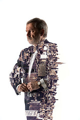 Image showing Portrait of bearded businessman. Double exposure city on the background.