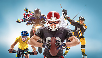 Image showing The conceptual multi sports collage with american football, hockey, cyclotourism, fencing, motor sport