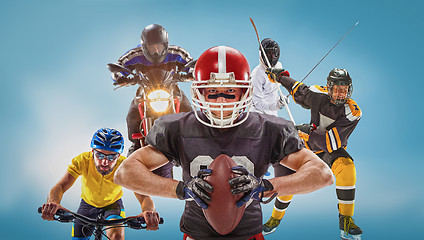 Image showing The conceptual multi sports collage with american football, hockey, cyclotourism, fencing, motor sport