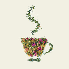 Image showing Tea leaf with flowers and fruit word tea on white background, top view