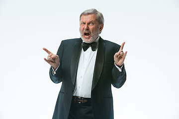 Image showing older businessman in a suit with a bow tie, isolated over white