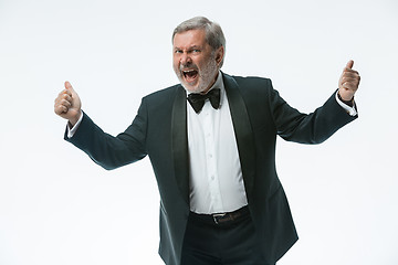 Image showing older businessman in a suit with a bow tie, isolated over white