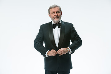 Image showing older businessman in a suit with a bow tie, isolated over white