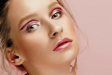 Image showing Beauty face of young fashion model woman with bright eyes and lips