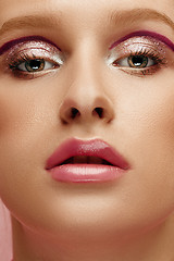 Image showing Beauty face of young fashion model woman with bright eyes and lips