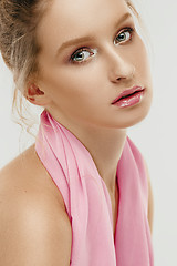 Image showing Beauty face of young fashion model woman with bright eyes and lips