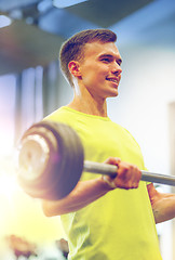 Image showing smiling man doing exercise with barbell in gym