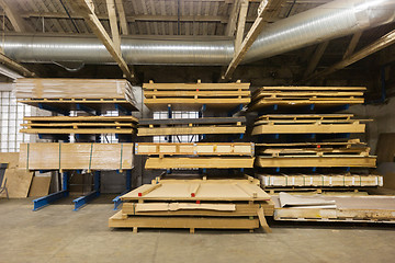 Image showing boards storing at woodworking factory warehouse