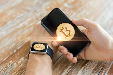 Image showing close up of bitcoin on smartphone and smart watch