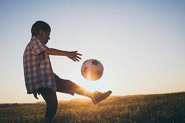 Image showing Young little boy playing in the field  with soccer ball.