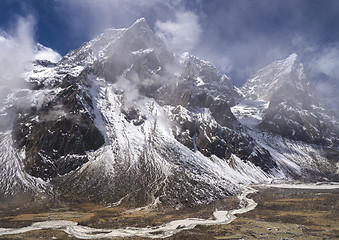 Image showing Taboche and Cholatse summits over Pheriche valley in Himalayas