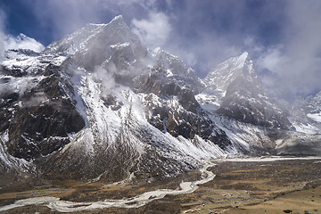 Image showing Pheriche valley with Taboche and cholatse summits in Himalayas