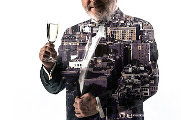 Image showing Portrait of bearded businessman. Double exposure city on the background.