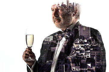 Image showing Portrait of bearded businessman. Double exposure city on the background.