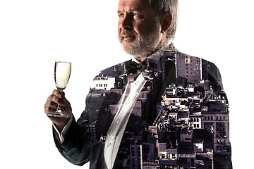 Image showing Portrait of bearded businessman. Double exposure city on the background.