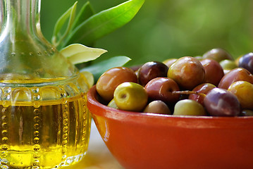 Image showing Olive oil and olives.