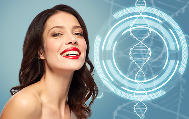 Image showing woman with red lipstick over dna molecule