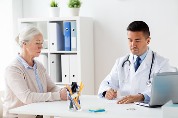 Image showing woman and doctor with prescription at clinic