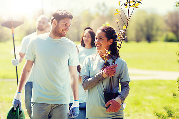 Image showing group of volunteers with trees and rake in park