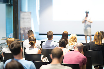 Image showing Business speaker giving a talk at business conference event.