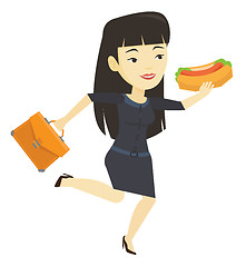 Image showing Business woman eating hot dog vector illustration.