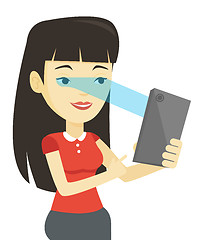 Image showing Woman using iris scanner to unlock mobile phone.