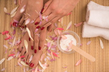 Image showing female feet and hands at spa salon