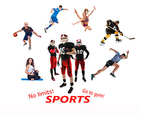 Image showing The conceptual multi sports collage with american football, hockey, soccer, jogging, artistic gymnastics, basketball, yoga, pilates sports