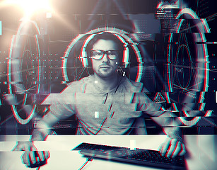 Image showing man in headset with computer virtual projections