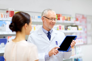 Image showing apothecary and customer with tablet pc at pharmacy