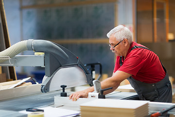 Image showing carpenter working with panel saw at factory