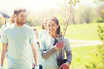 Image showing group of volunteers with trees and rake in park