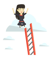 Image showing Happy business woman sitting on the cloud.