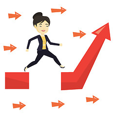 Image showing Business woman jumping over gap on arrow going up.