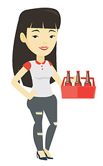 Image showing Woman with pack of beer vector illustration.