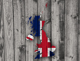 Image showing Map and flag of Great Britain on wood,