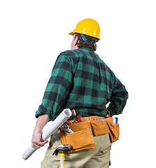 Image showing Male Contractor with Hard Hat and Tool Belt Looking Away Isolate