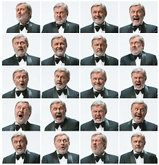 Image showing The mosaic of businessman expressing and different emotions. The bearded businessman with suit with 20 different emotions.