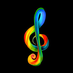 Image showing Colorful treble clef in the form of twisted paint on a black background