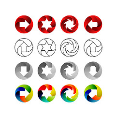 Image showing Set of signs, in the circular forms with the shadows inside. Arrows, stars, swirl in circle. Logo set, vector illustration