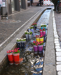 Image showing Rubber boots in the water with flowers in the city of Freiburg. Tourist attraction.