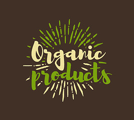 Image showing Organic products lettering with sunbursts background. Vector