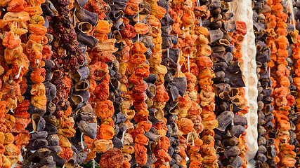 Image showing Oriental spices sun dried vegetables at Turkish grocery market