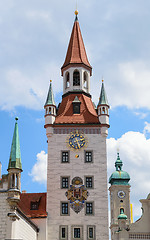 Image showing Clock tower of Munich Old Town Hall on central square Marienplat